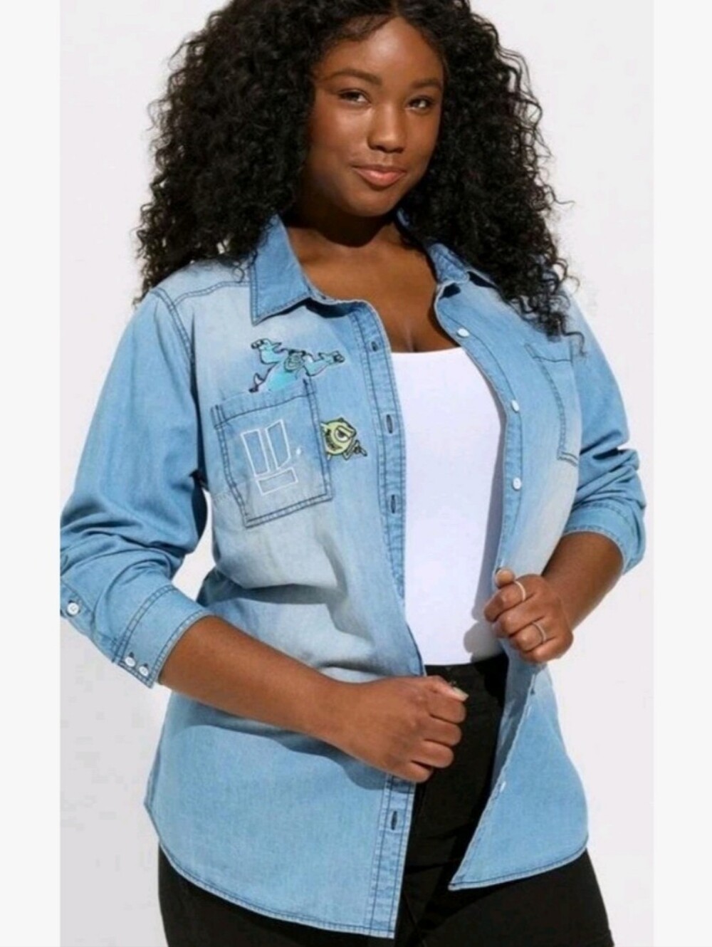 {Torrid X Disney X Pixar} Light Blue Denim Button-Up Shirt Pocket Embroidery